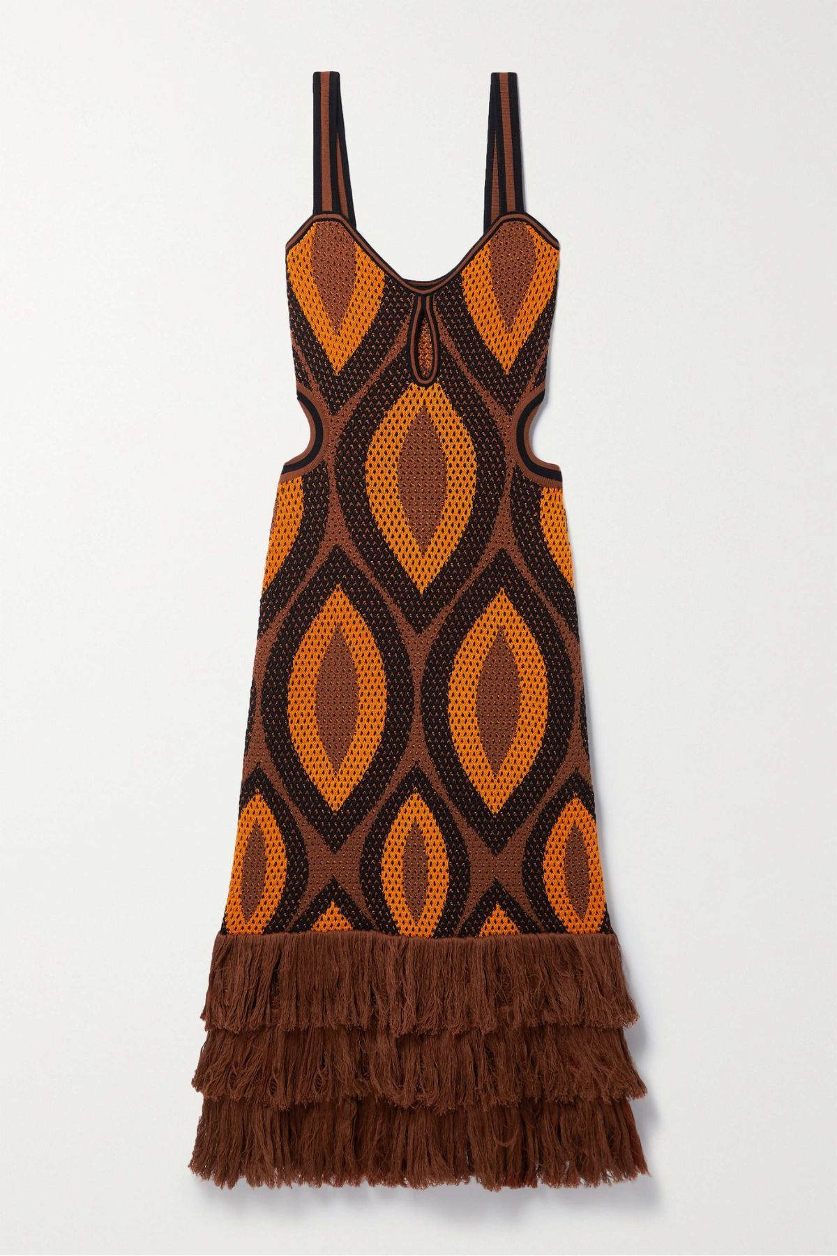 geometric brown and orange dress with cutouts on the waist