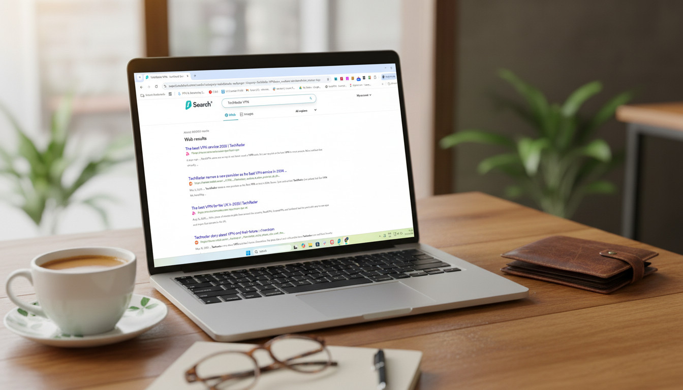 Surfshark's search feature featured on a laptop on a desk.
