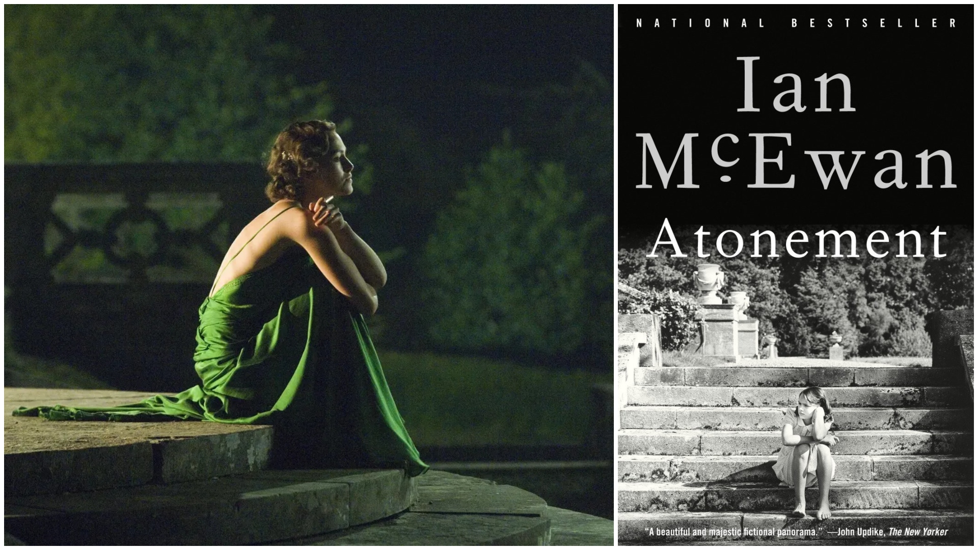 keira knightley in the green dress in the movie atonement and a split of the book cover