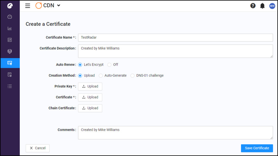 CDNetworks CDN Pro options to create a TLS certificate