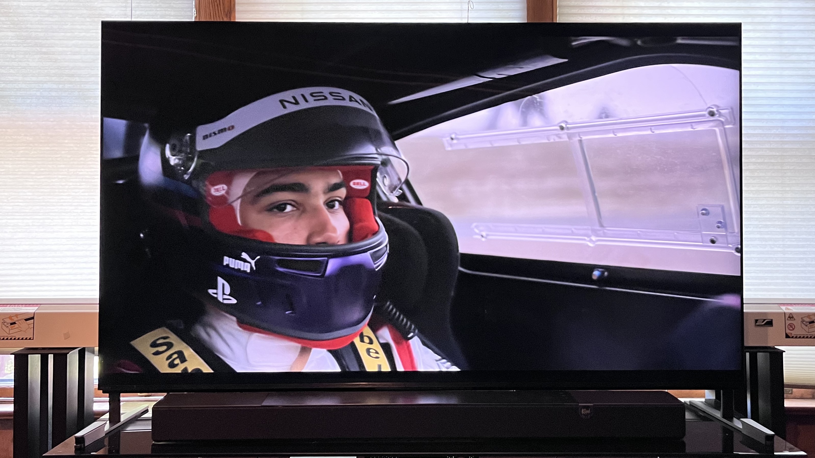 Soony Bravia 9 showing image of race car driver