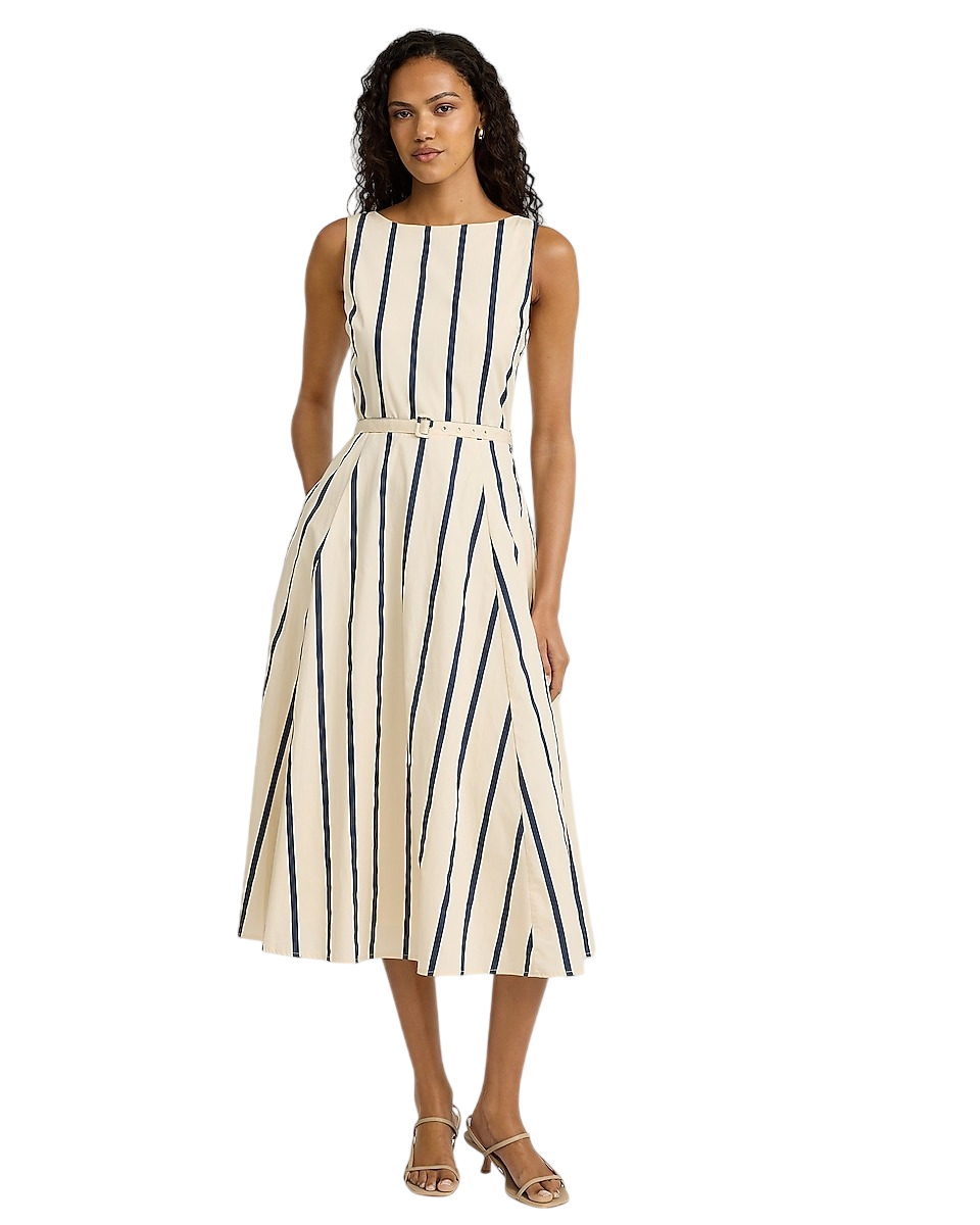 Express, Striped Crew Neck Sleeveless Belted Midi Fit and Flare Dress