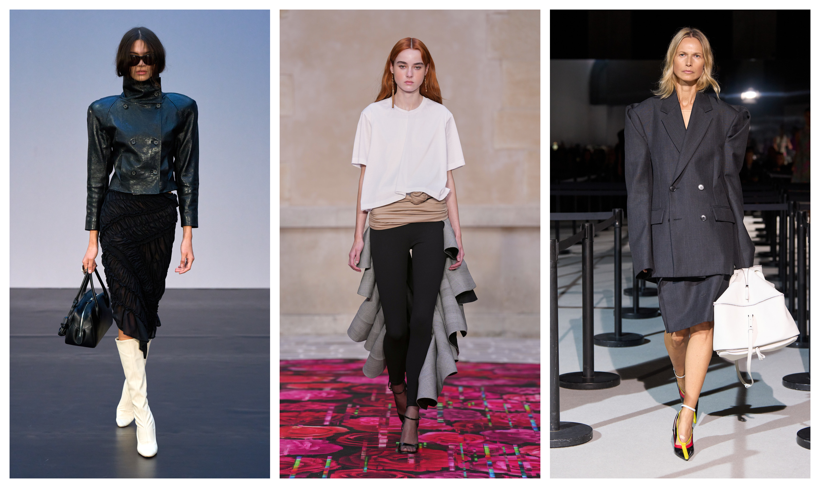 a collage of three women at fashion month wearing the 80s trend