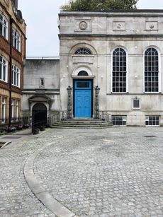 Fig 2: Stationers' Hall's discreet entrance with its flanking lamps. Credit: John Goodall for Country Life