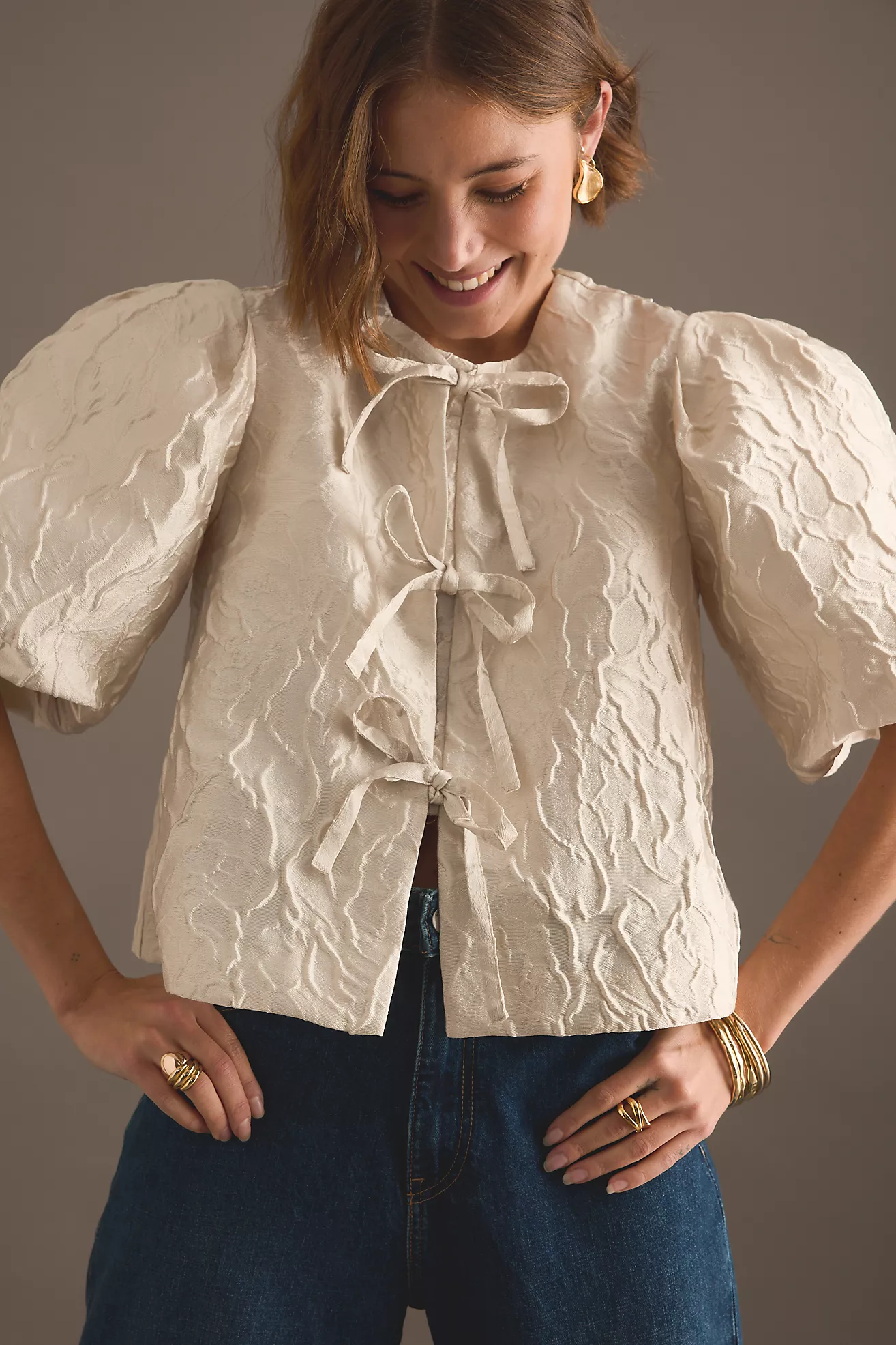 Maeve Jacquard Puff-Sleeve Blouse