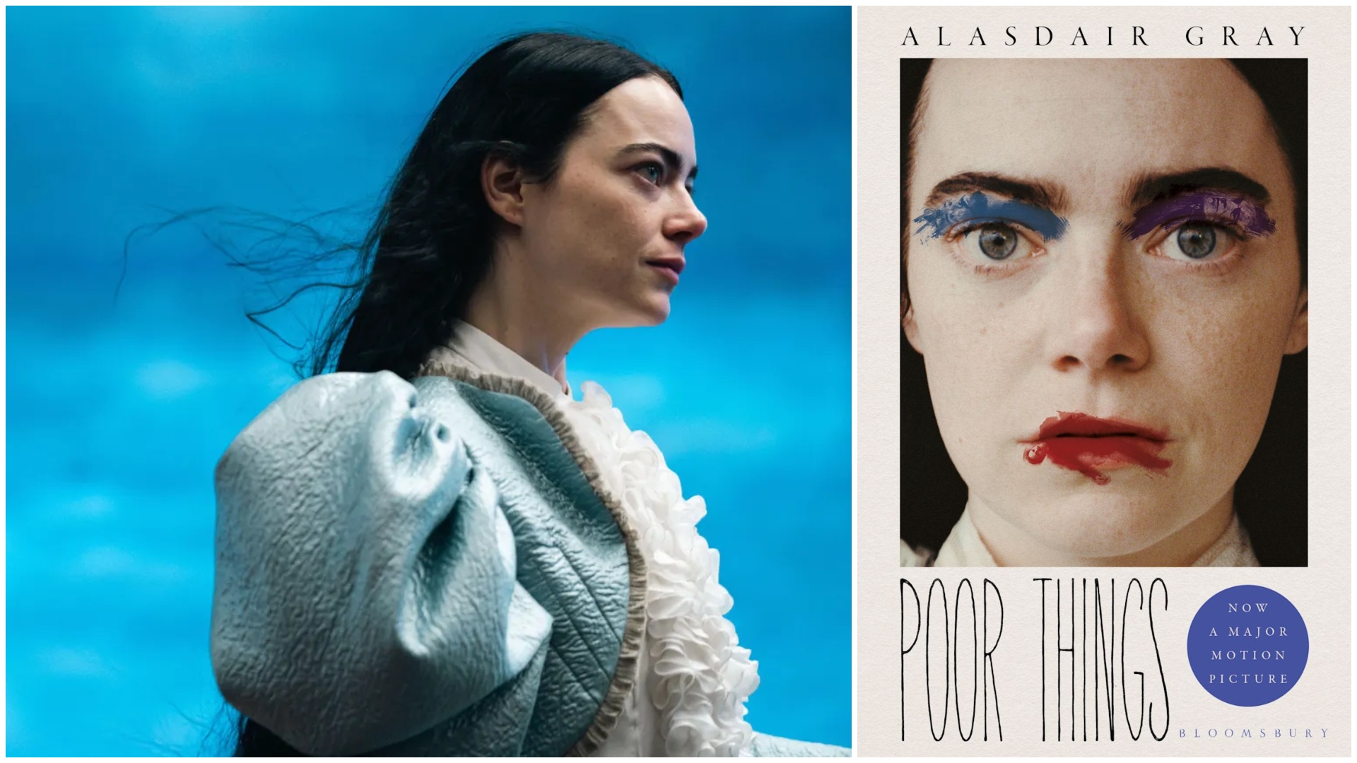 a split image of emma stone in the poor things movie and a book cover featuring her face