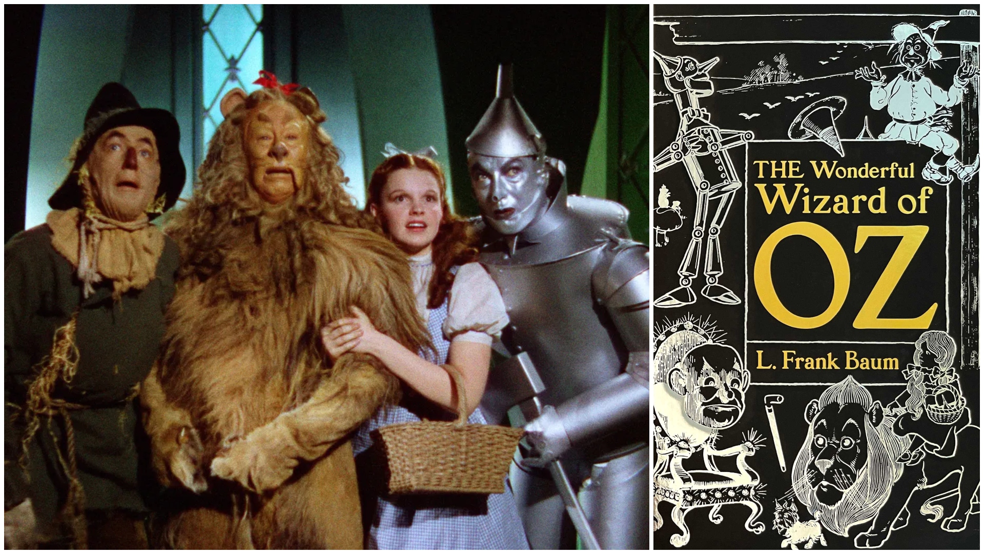 a split image of the wizard of oz movie scene from the emerald city and the book cover