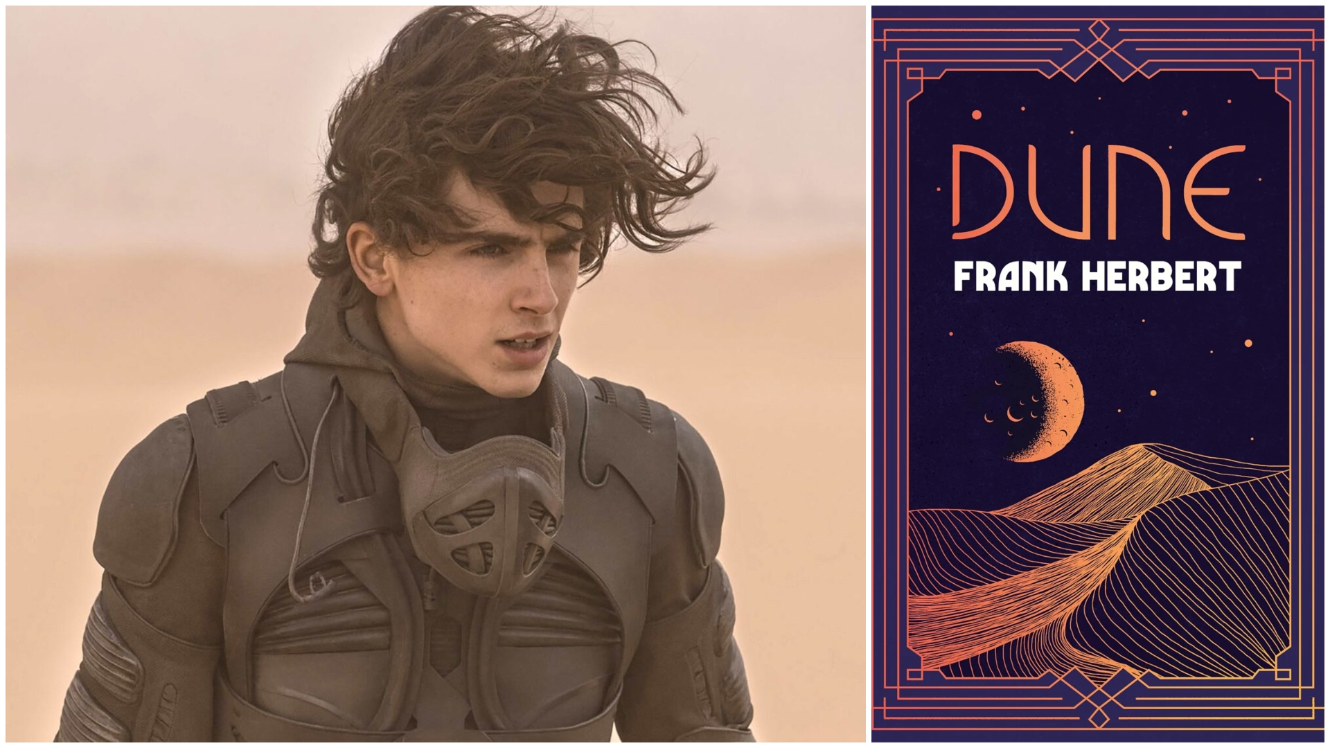 timothee chalamet as paul in the desert in the dune movie split with the book cover