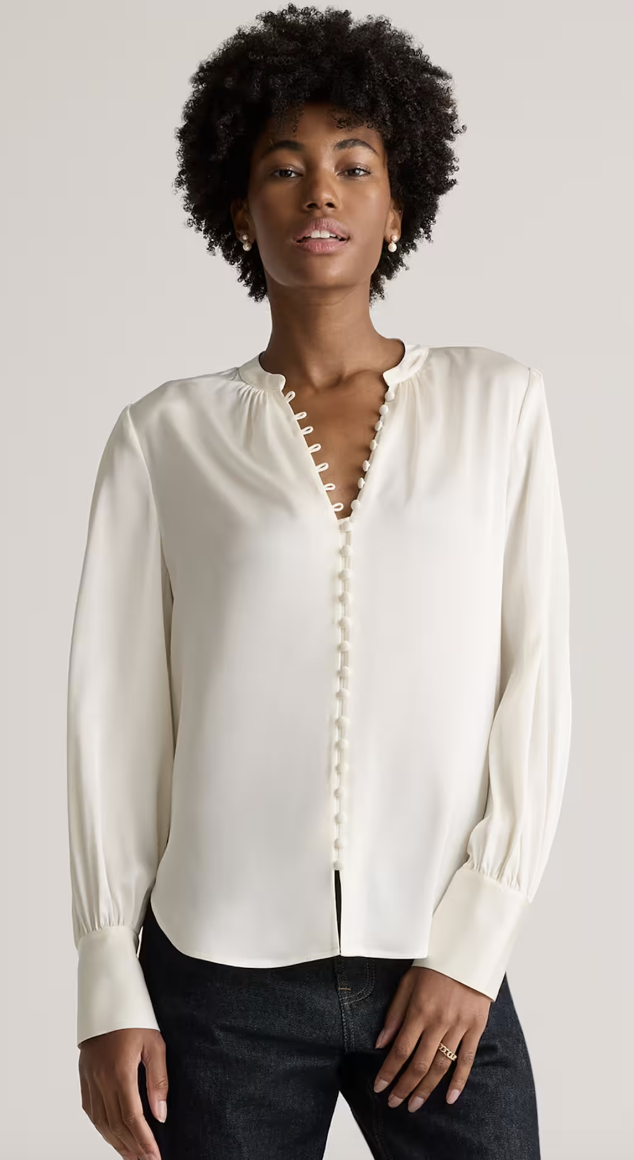 Quince, Washable Stretch Silk Peasant Blouse