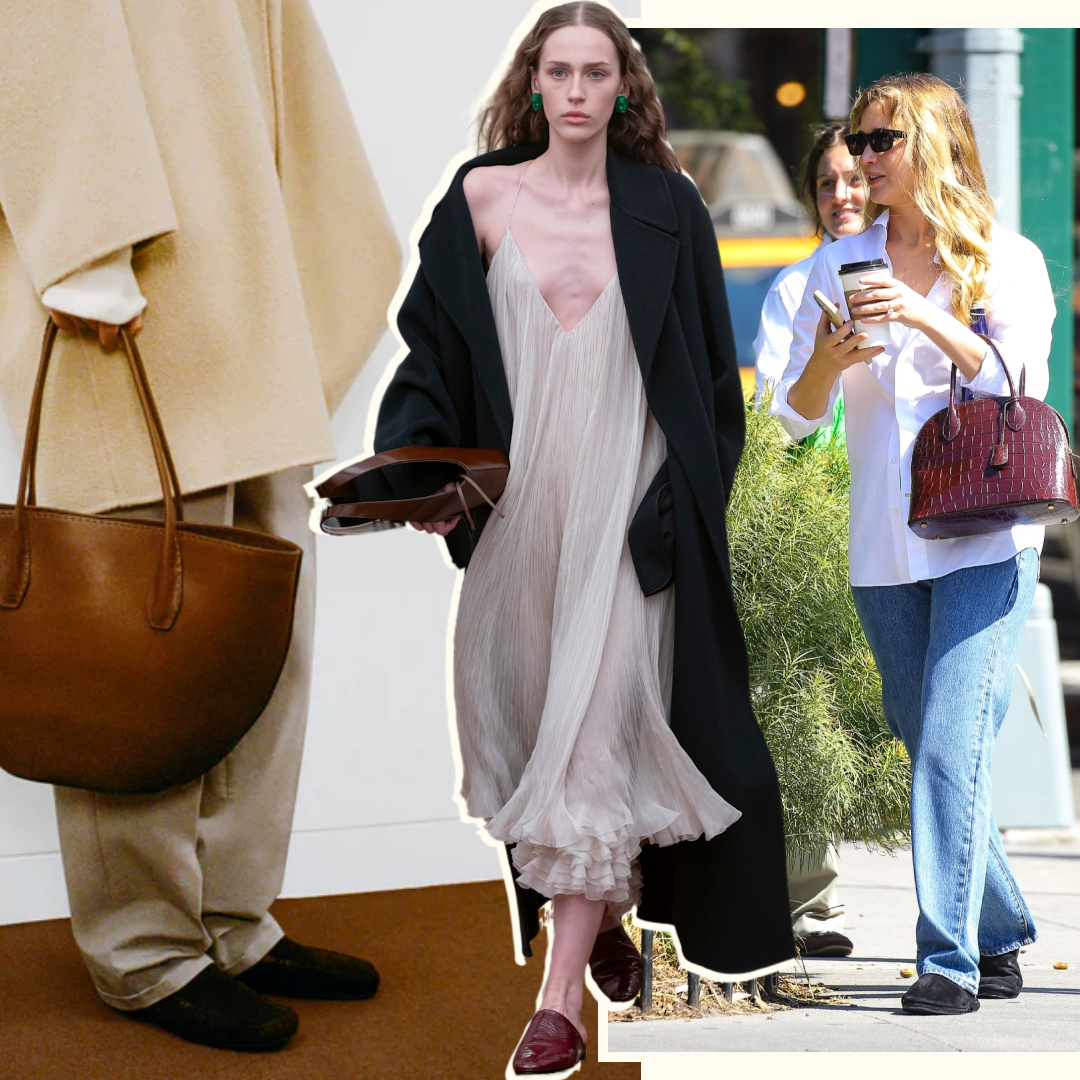 slippers shoe trend at Calvin Klein Fall 2025, Loro Piana, The Row Fall 2025, Alberta Ferretti Fall 2025, and on Jennifer Lawrence 