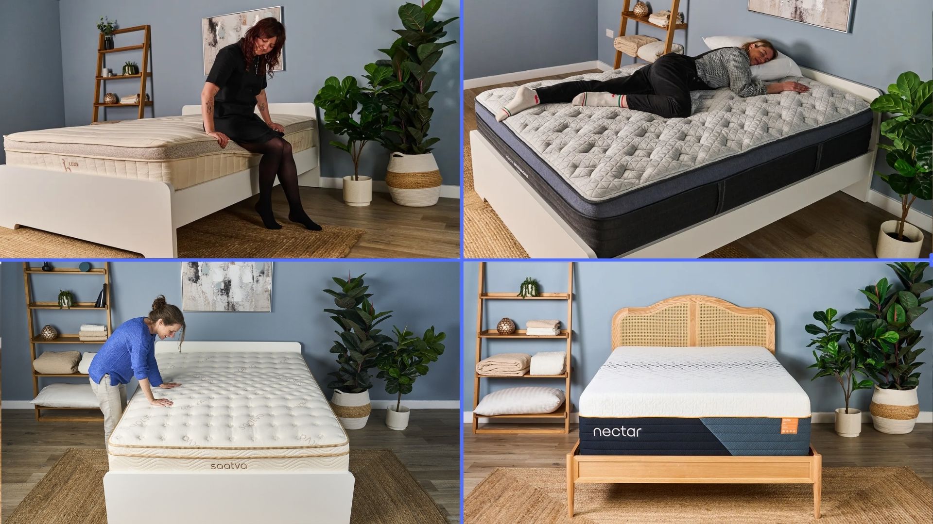 The composite image shows four different mattress types, including a latex, hybrid, luxury innerspring and memory foam