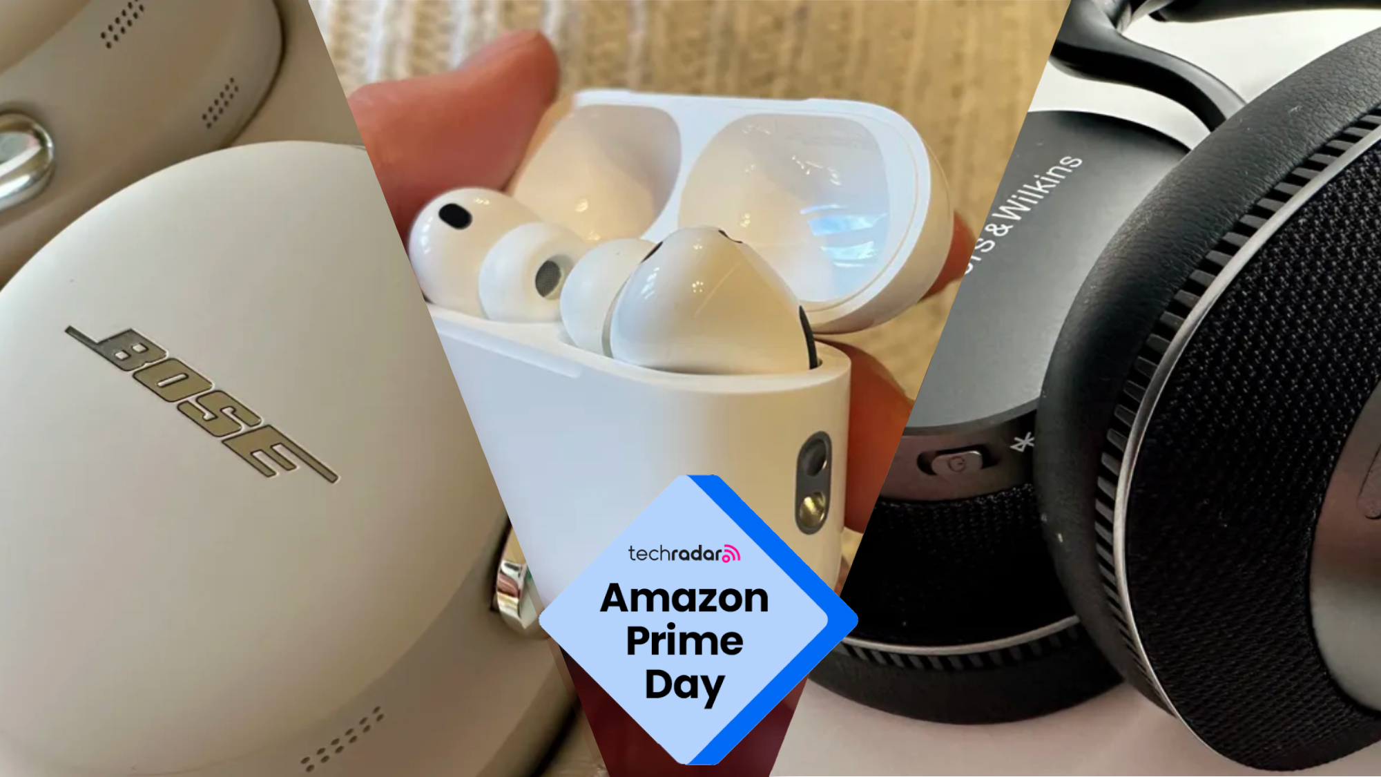 AirPods Pro 3, Bose and Bowers &amp; Wilkins headphones, held in a hand, in a split screen