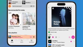 Two smartphones showing inverted colours in Spotify 