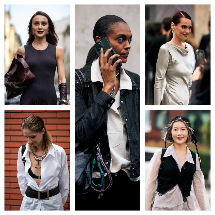 five women posing on the street with fashionable outfits in a grid pattern