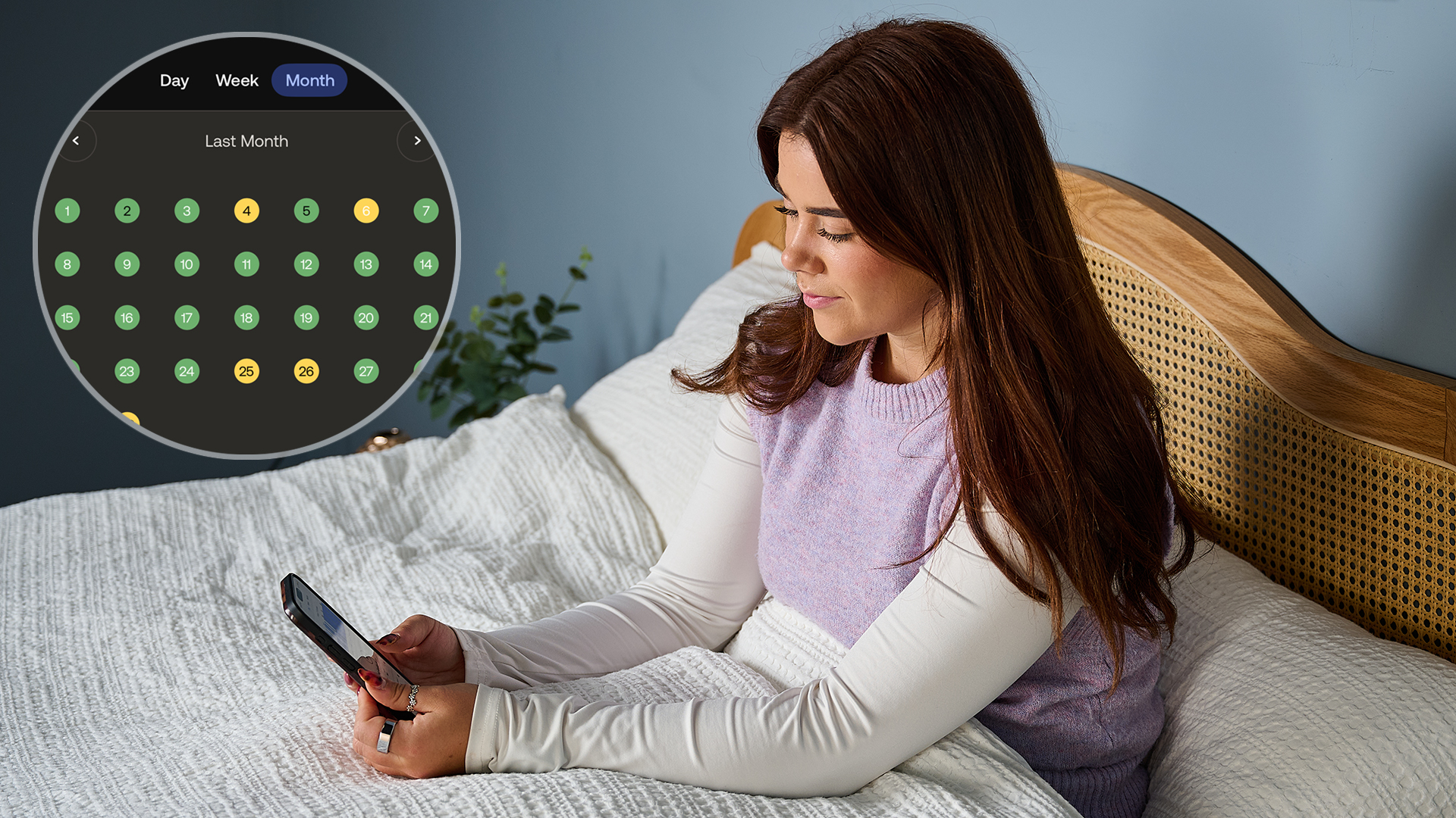 The main image shows a woman sitting up in bed looking at her phone. In the top left corner is a closeup of monthly sleep tracking data on the Withings Sleep App