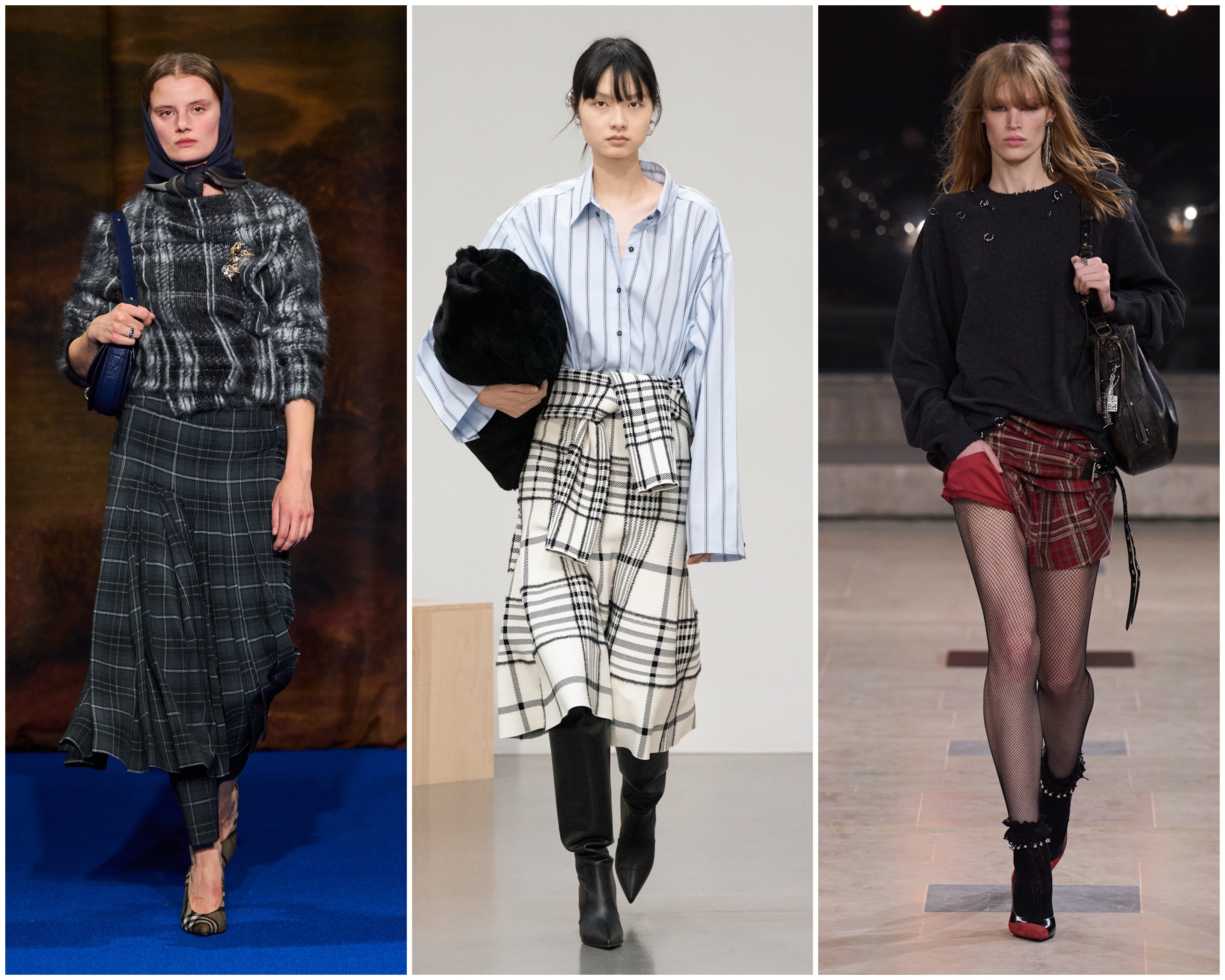 plaid skirts on the fall 2025 runways of burberry, brandon maxwell, and isabel marant