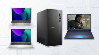 A collage of two Dell laptops, a Dell desktop, and an Alienware gaming laptop on a white background with shapes outlined.