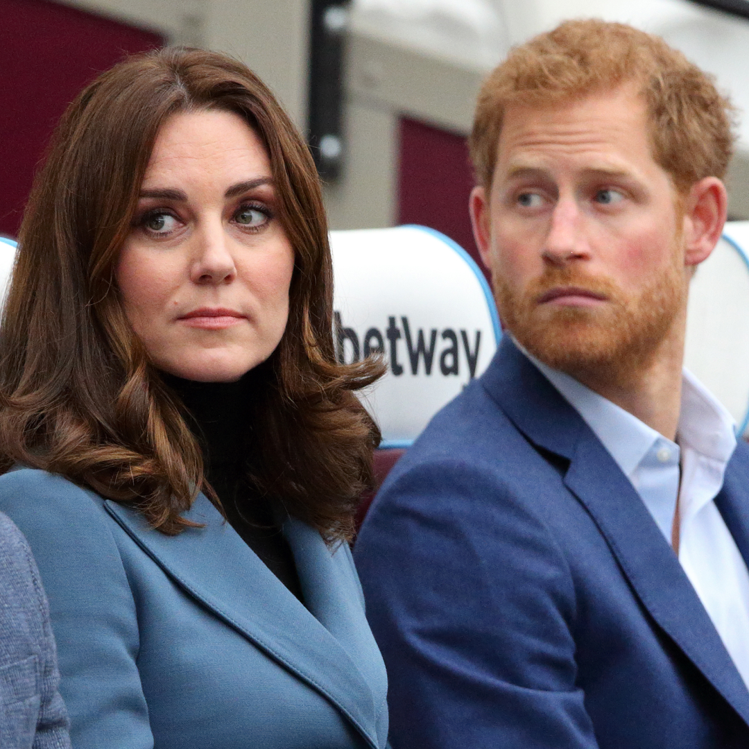 Kate Middleton wears a turquoise jacket and has bouncy dark brown hair and Prince Harry has red hair and beard