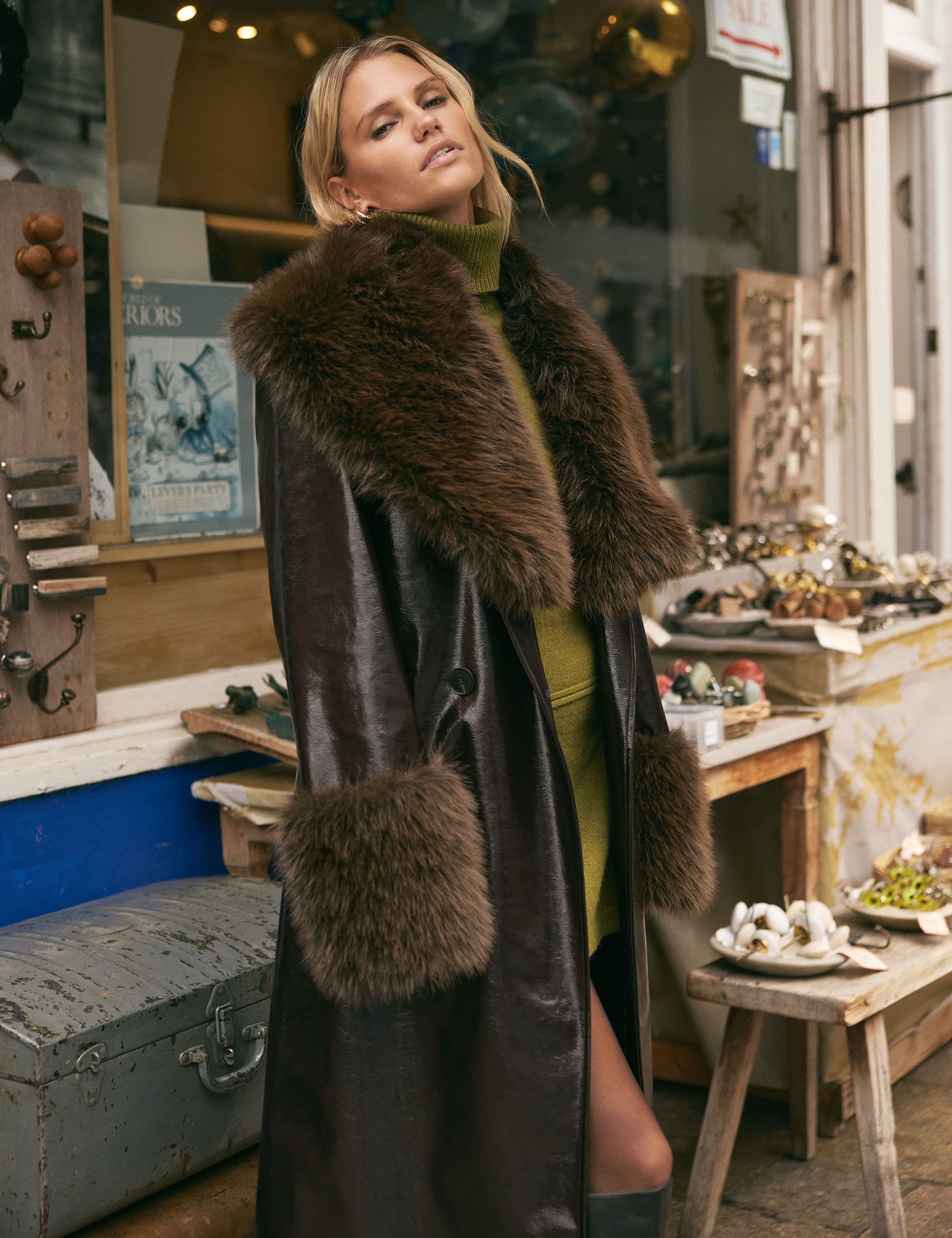 Vinyl Faux Fur Trim Longline Coat