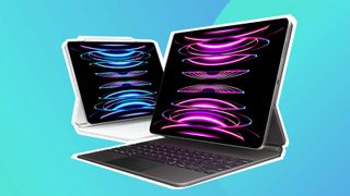 A product shot of two iPad Pros with keyboards on a colourful background