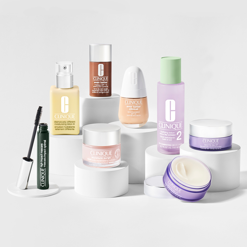 Clinique beauty products on circular plynths