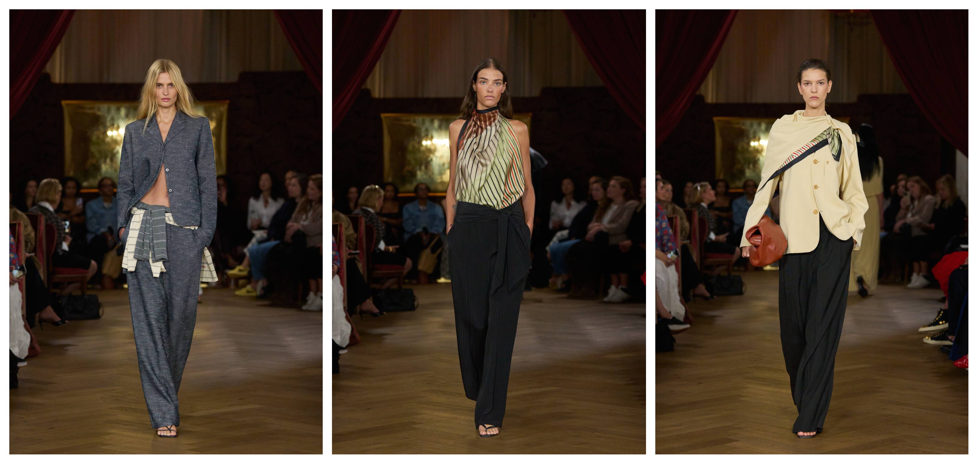 three models on the Kallmeyer runway wearing draped scarf tops