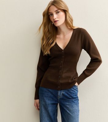 Brown Compact Knit Peplum Hem Cardigan
