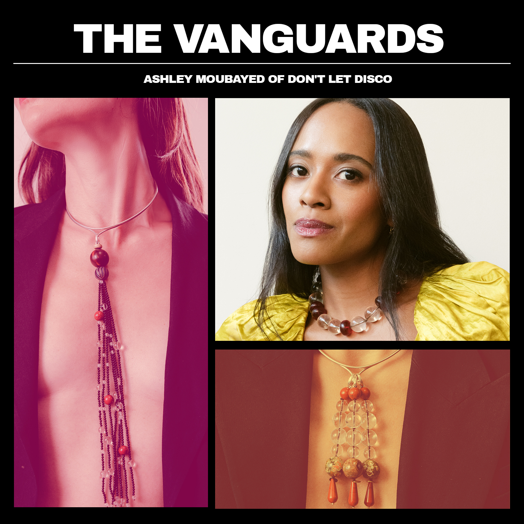 Marie Claire's Vanguards franchise graphic featuring images of Don't Let Disco beaded necklaces and founder Ashley Moubayed