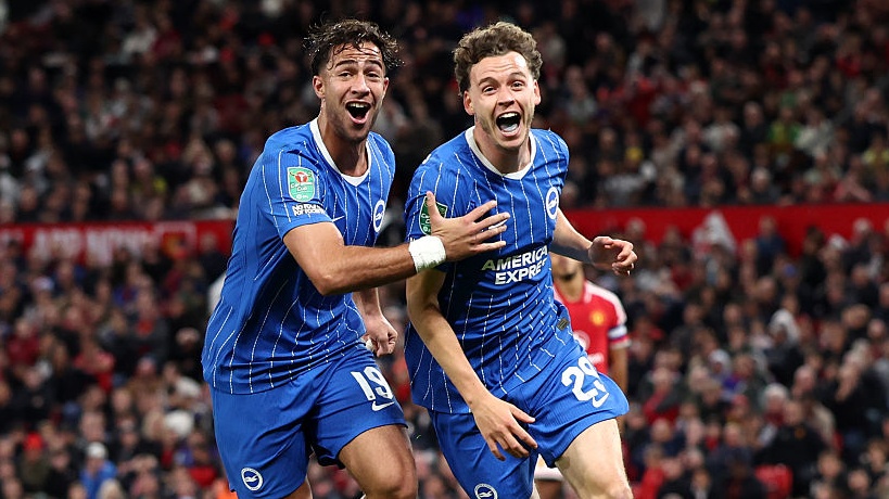 Maxim De Cuyper of Brighton &amp; Hove Albion celebrates scoring his team&rsquo;s third goal during the Carabao Cup Third Round match between Manchester United and Brighton.