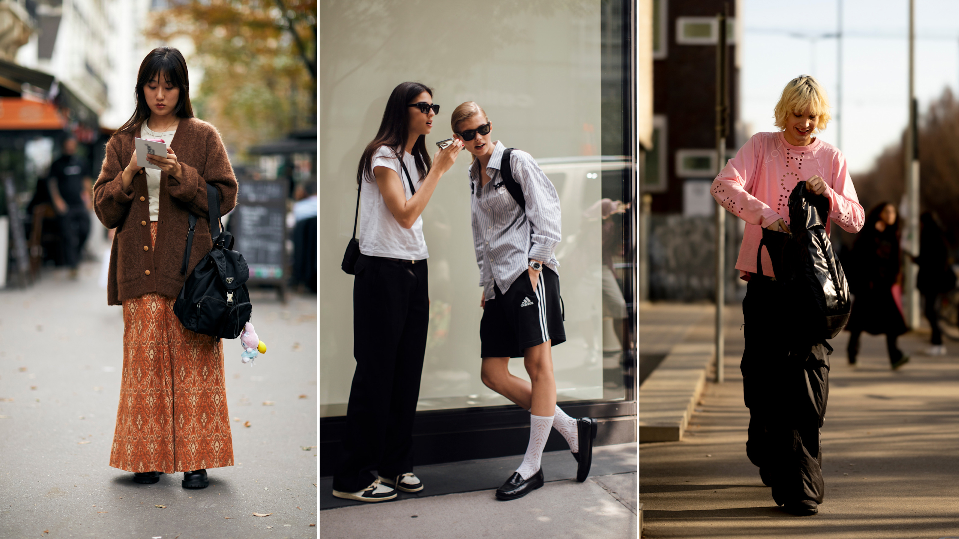 Women styling backpacks.