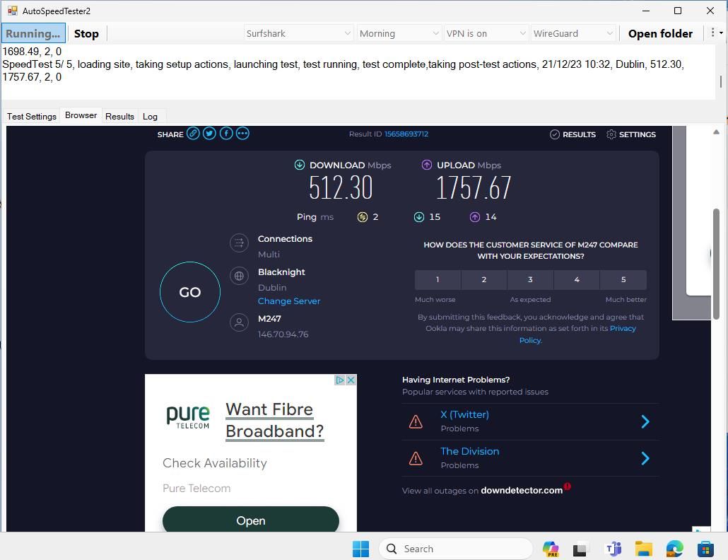 Surfshark speed test on Speedtest.net showing 1757.67 Mbps upload speeds