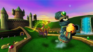 Best PS1 games – Spyro screenshot of Spyro chasing an evil wizard holding a Dragon egg.