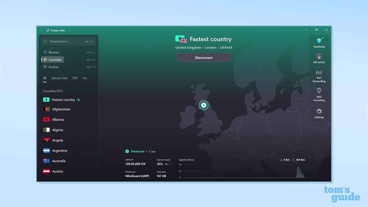 Proton VPN connected on its Windows app. On the left is a widget for Proton VPN's servers, with a search bar, options to select recent, countries or profiles, as well as filters for all servers, secure core servers, P2P servers and Tor servers. Below this is a list of countries Proton VPN has servers in. In the centre is a grey scale world map with a green highlight on the UK to show the VPN is connected to a server.