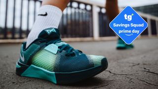 Nike Metcon 10 on athlete's foot outside with TG Prime Day deals badge top right