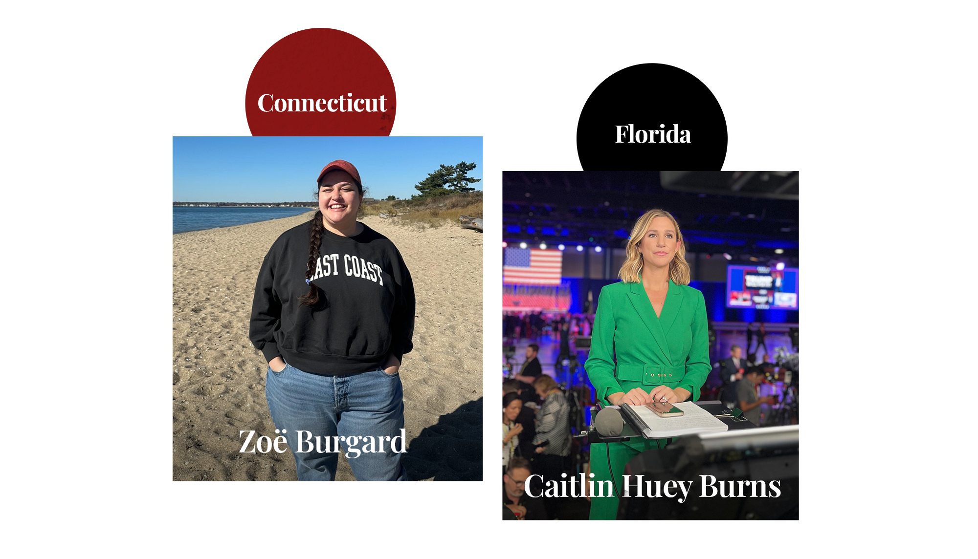 A woman wearing a sweater standing on the beach; a news anchor in a green dress getting ready to address the camera