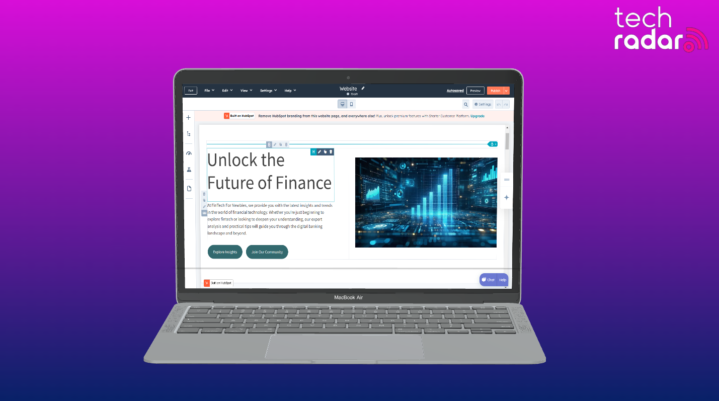 Screenshot of HubSpot website builder bring used on a macbook with a blue and purple background