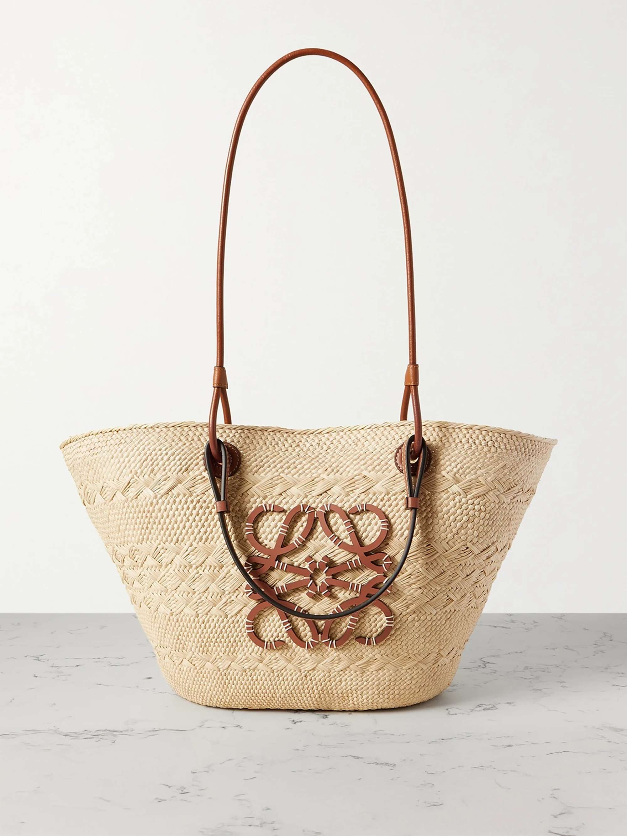 + Paula&#039;s Ibiza Anagram Medium Leather-Trimmed Woven Raffia Tote