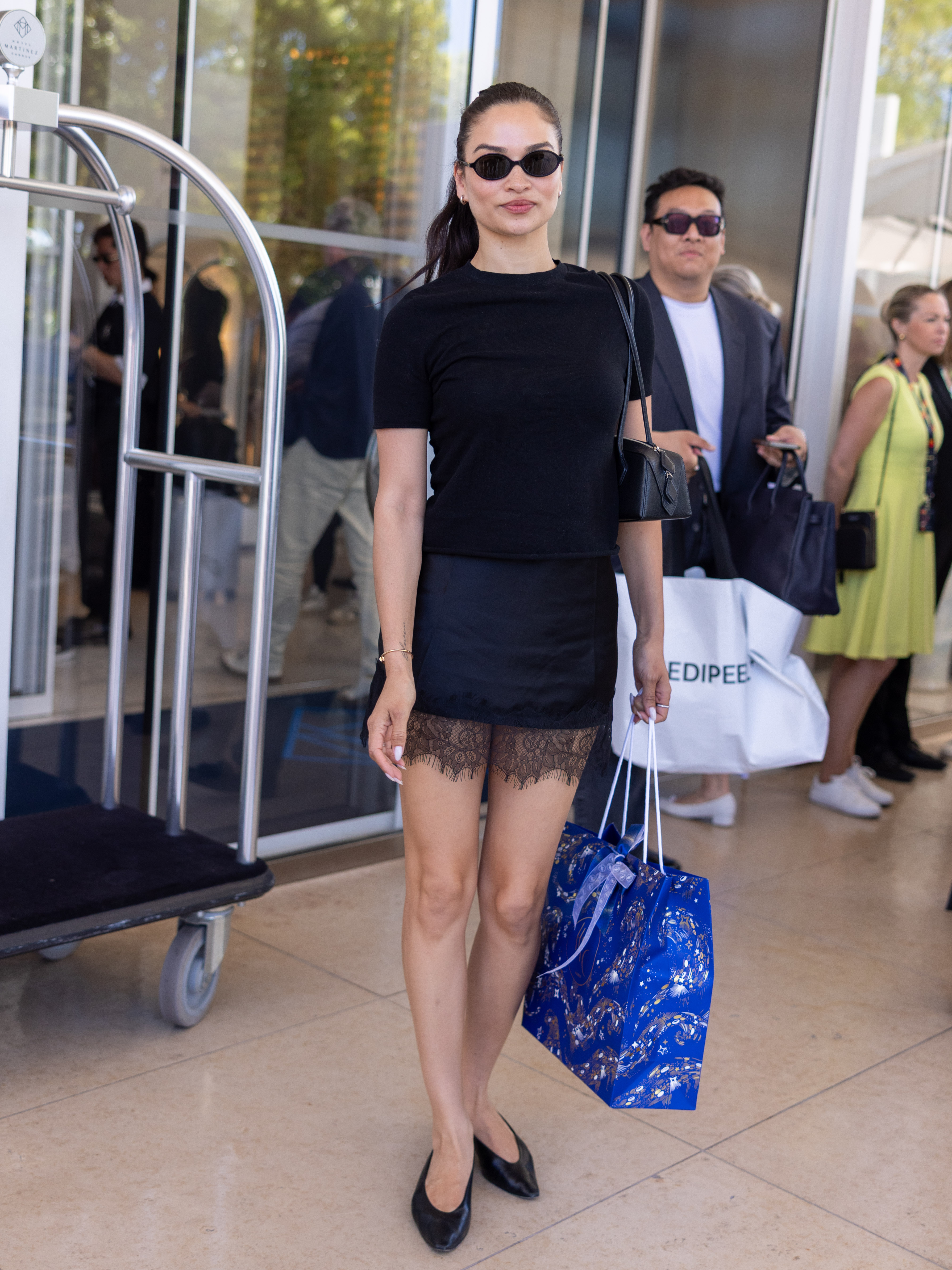 Shanina Shaik wore a lace-trimmed skirt at the Cannes Film festival
