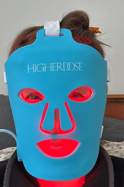 Alex R., a 'Marie Claire' tester, tests the HigherDose Red Light Face Mask