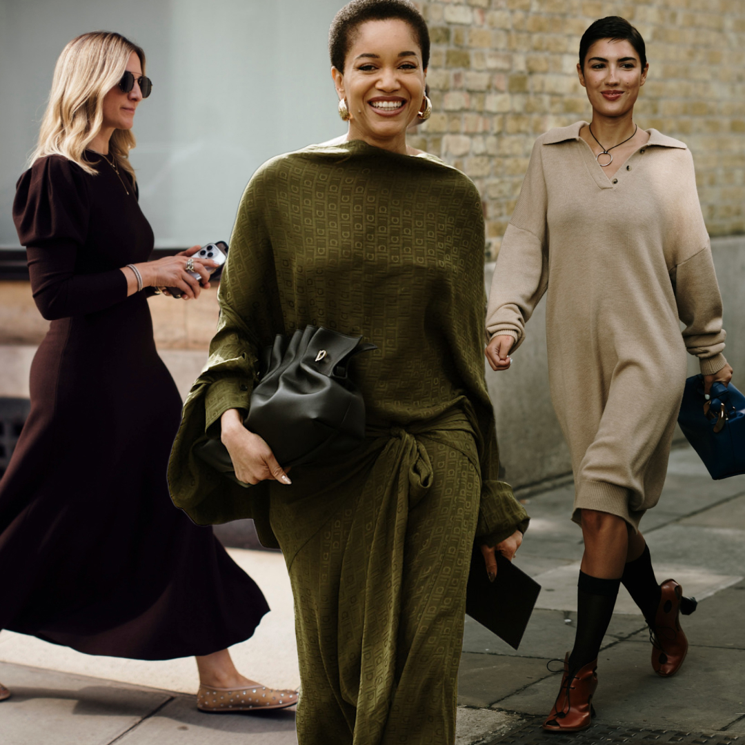 collage of women wearing fall dresses