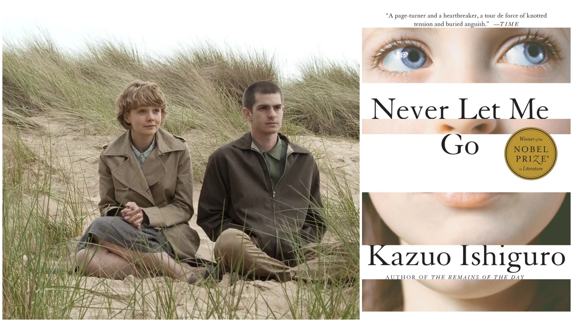 a split image of the never let me go movie featuring carey mulligan and andrew garfield and the book cover