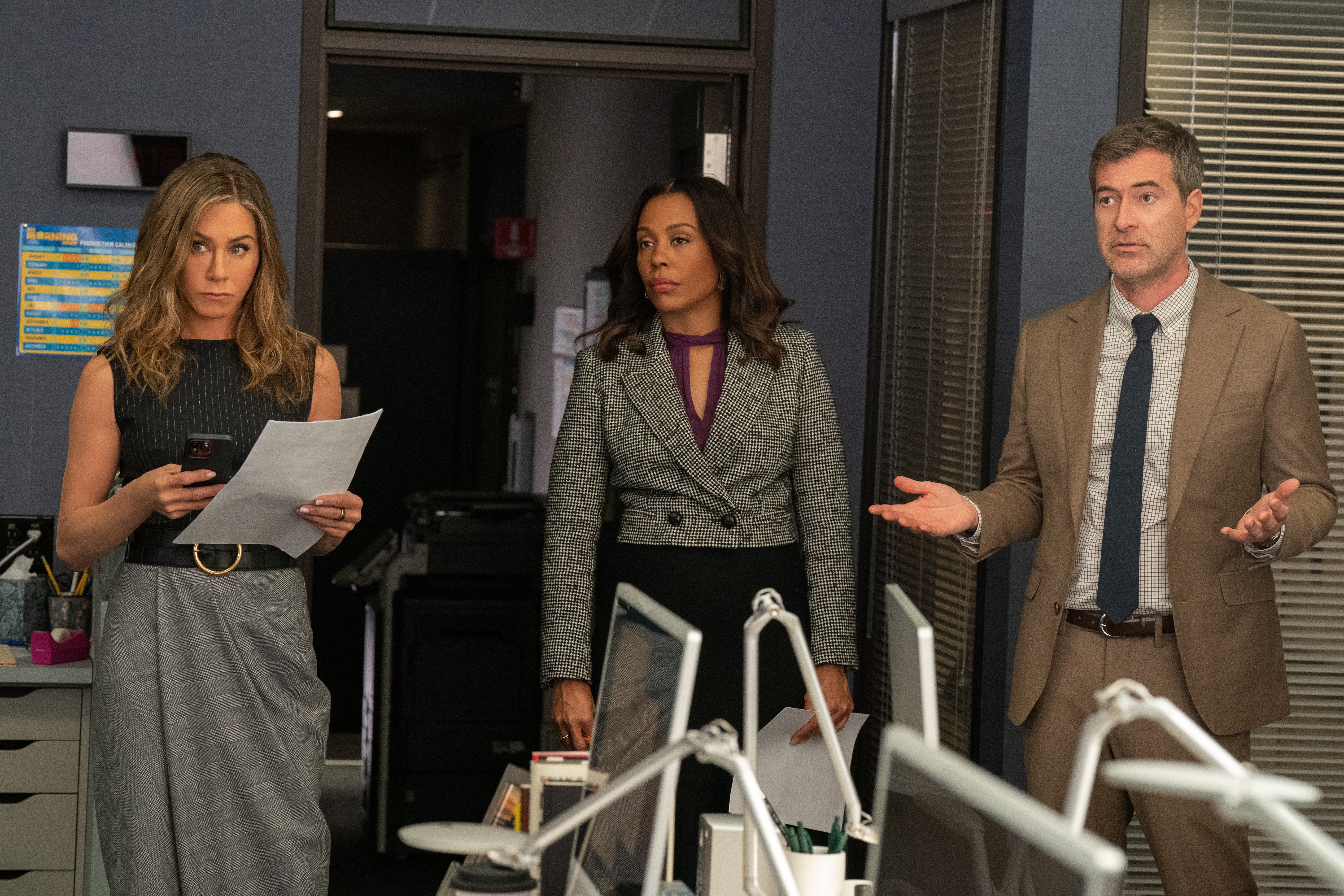 l-r: Jennifer Aniston as Alex Levy, Karen Pittman as Mia Jordan, and Mark Duplass as Chip Black, in 'The Morning Show' season 3, episode 8.