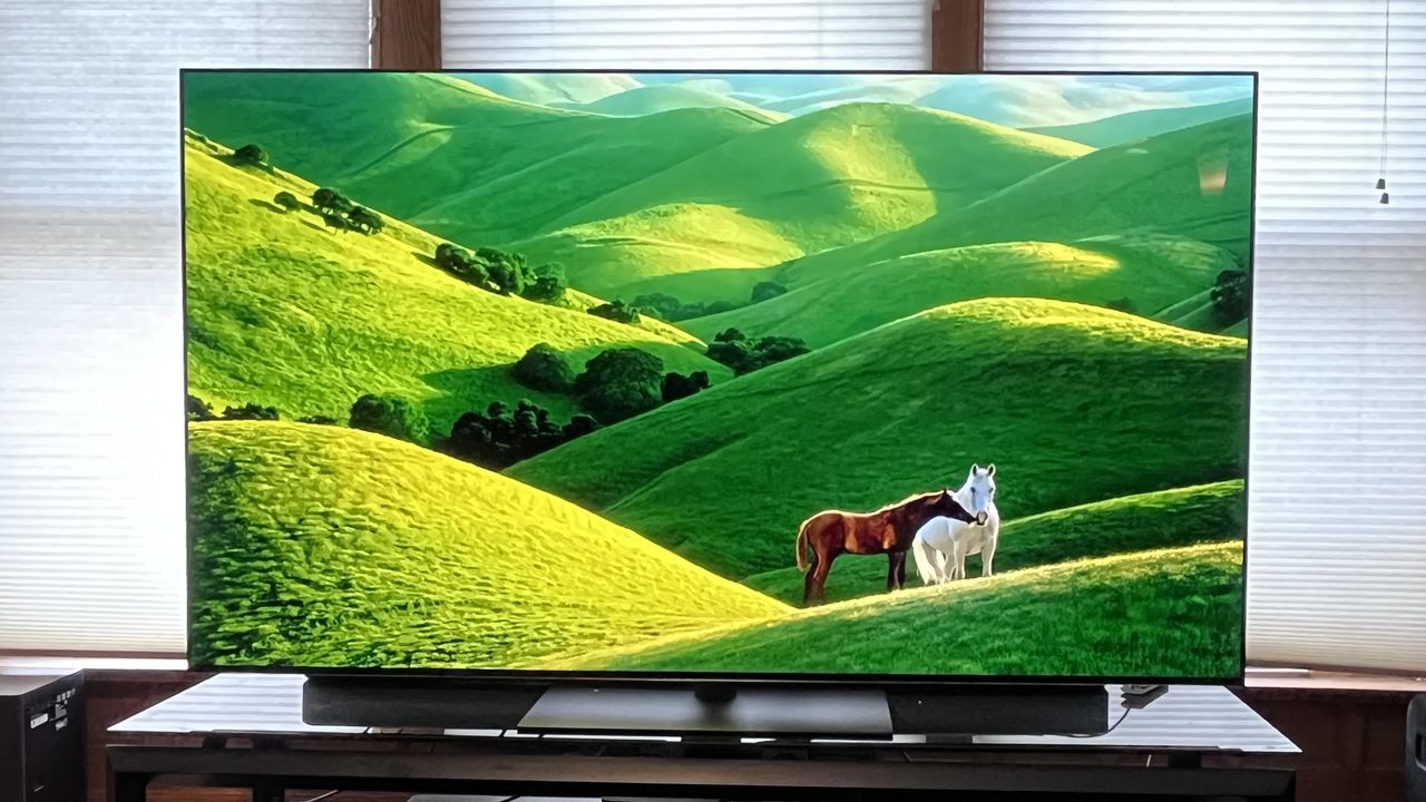 LG G5 OLED TV showing image of horses against green hills