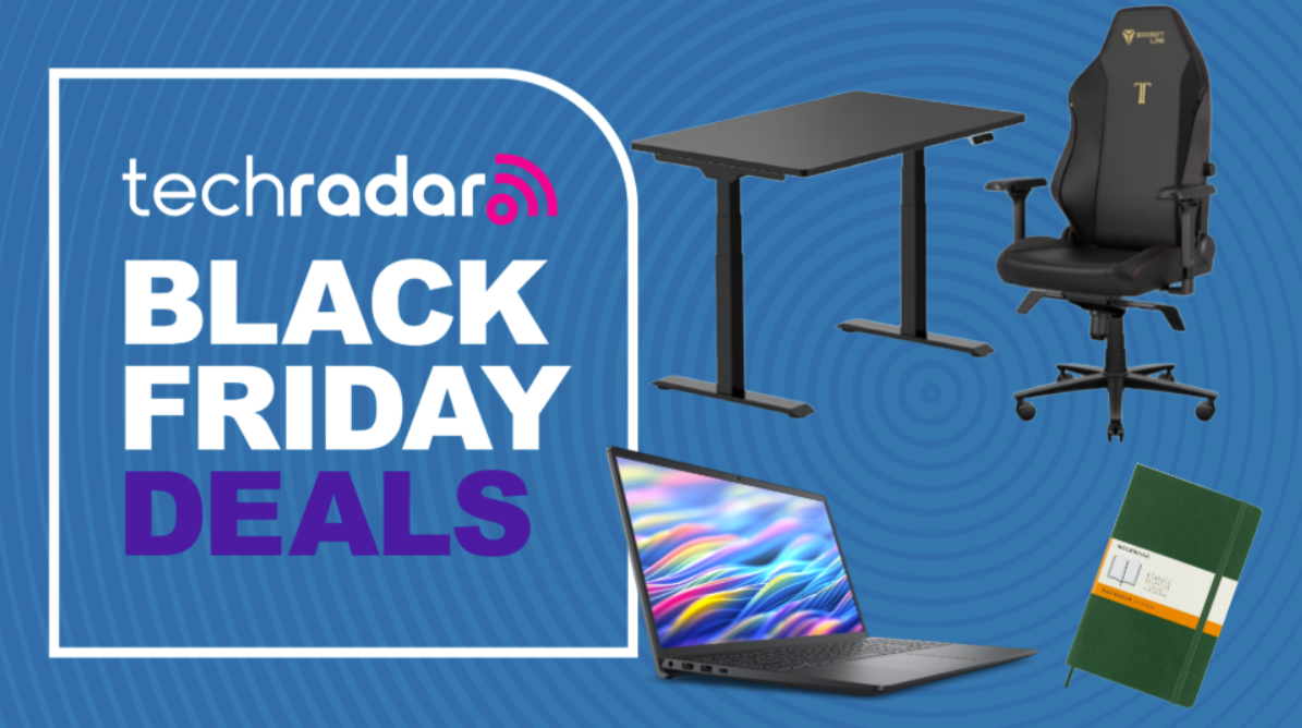 An office chair, desk, laptop, and notebook on a blue background with an opaque radar symbol next to a large TechRadar badge that reads 'Black Friday deals'