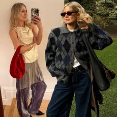 collage of British fashion influencer Lucy Williams wearing a fringe party top and velvet pants outfit and an argyle cardigan sweater and dark-wash jeans outfit