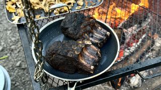Hexclad pan with steak over fire