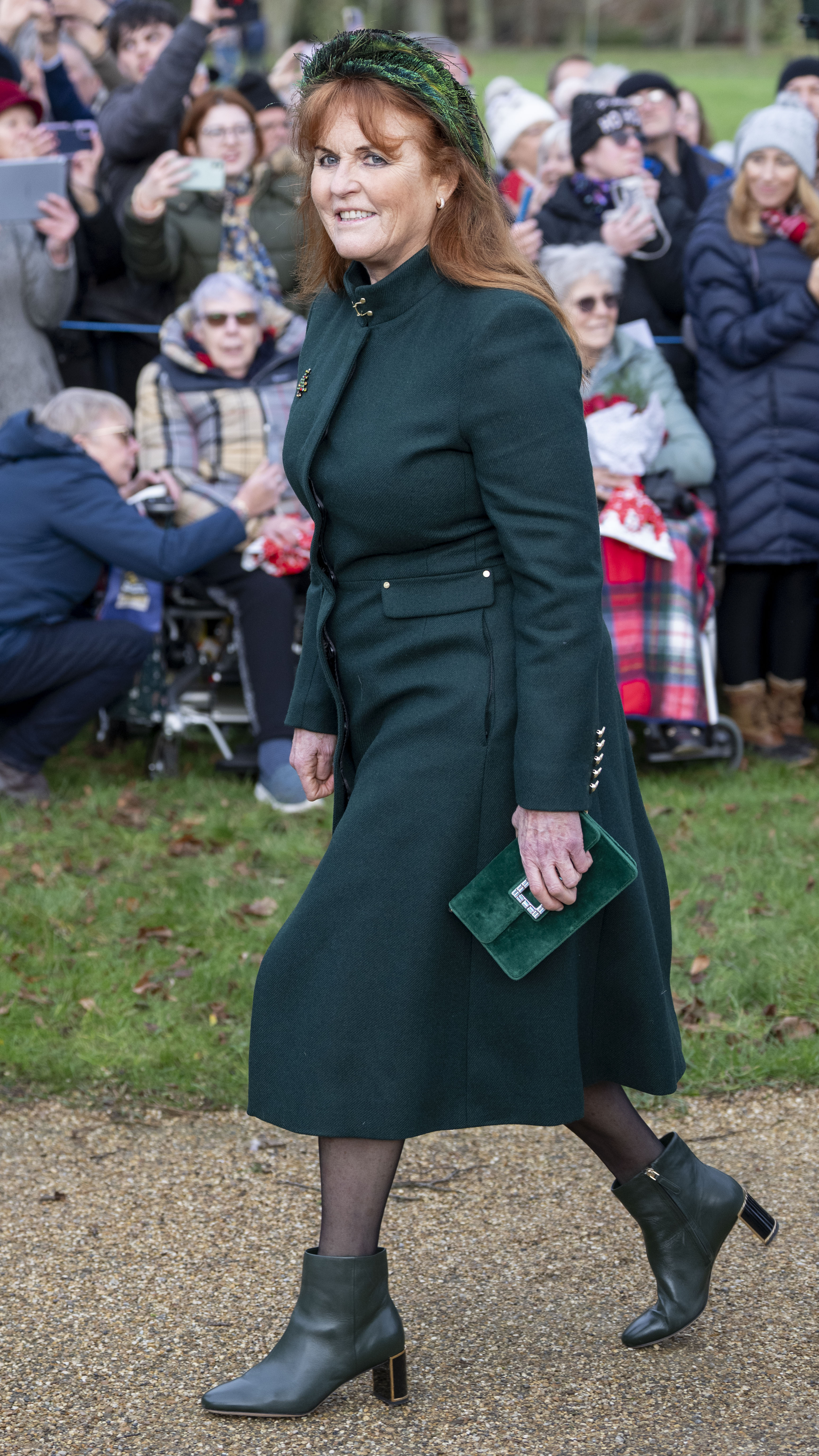 Sarah Ferguson wearing a green coat on Christmas 2023