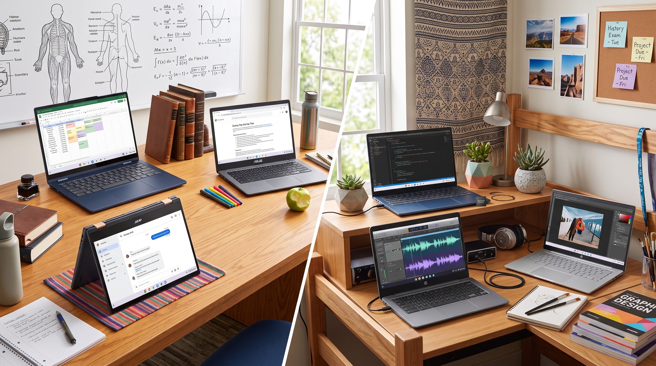 A collage of Chromebooks from the Best Buy sale in a college and dorm room environment