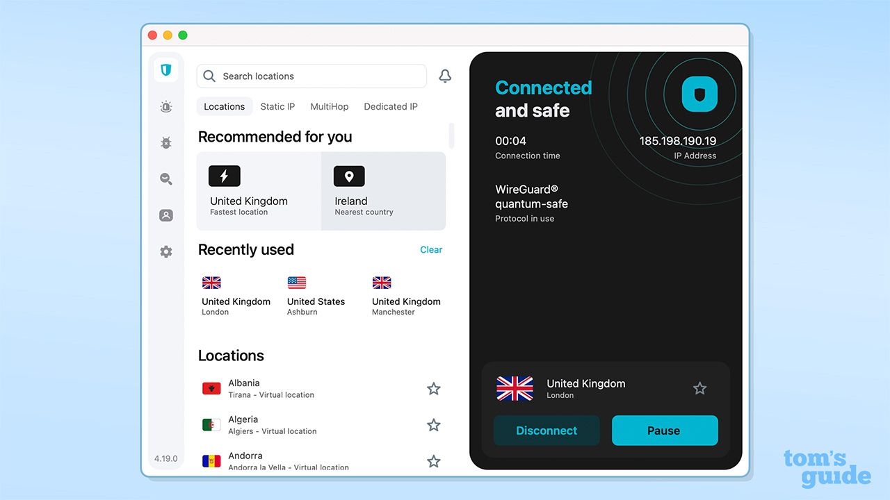 Surfshark's interface on a blue background