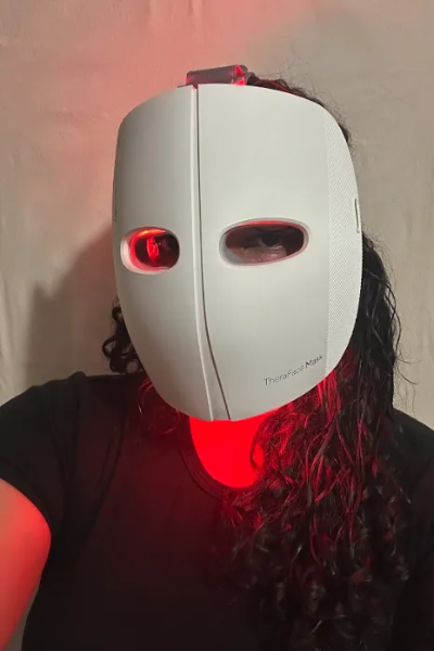 India R., a 'Marie Claire' tester, tests the TheraFace Mask by Therabody